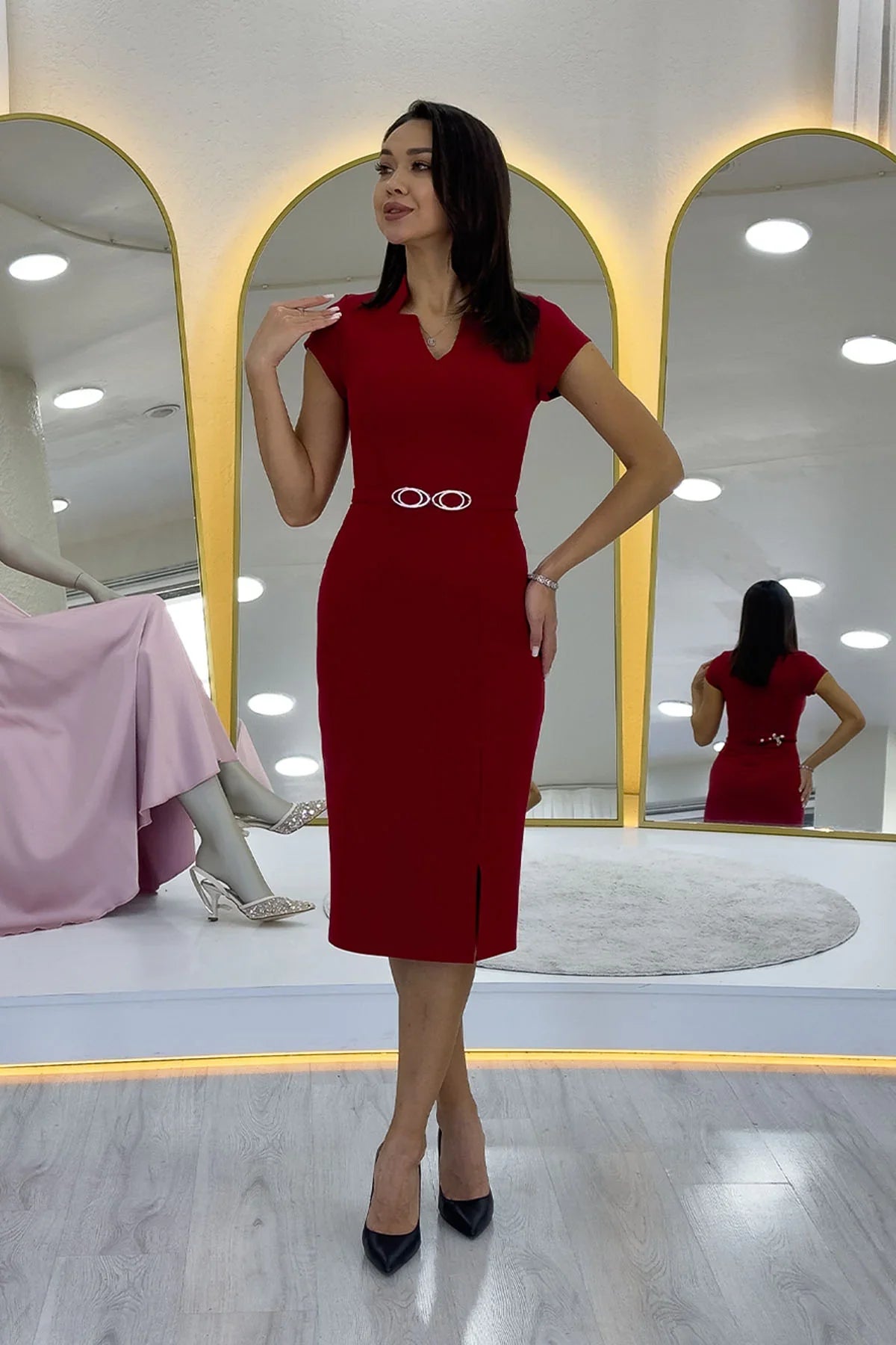 Women's Red V-Neck Half Sleeve Belted Midi Pencil Dress