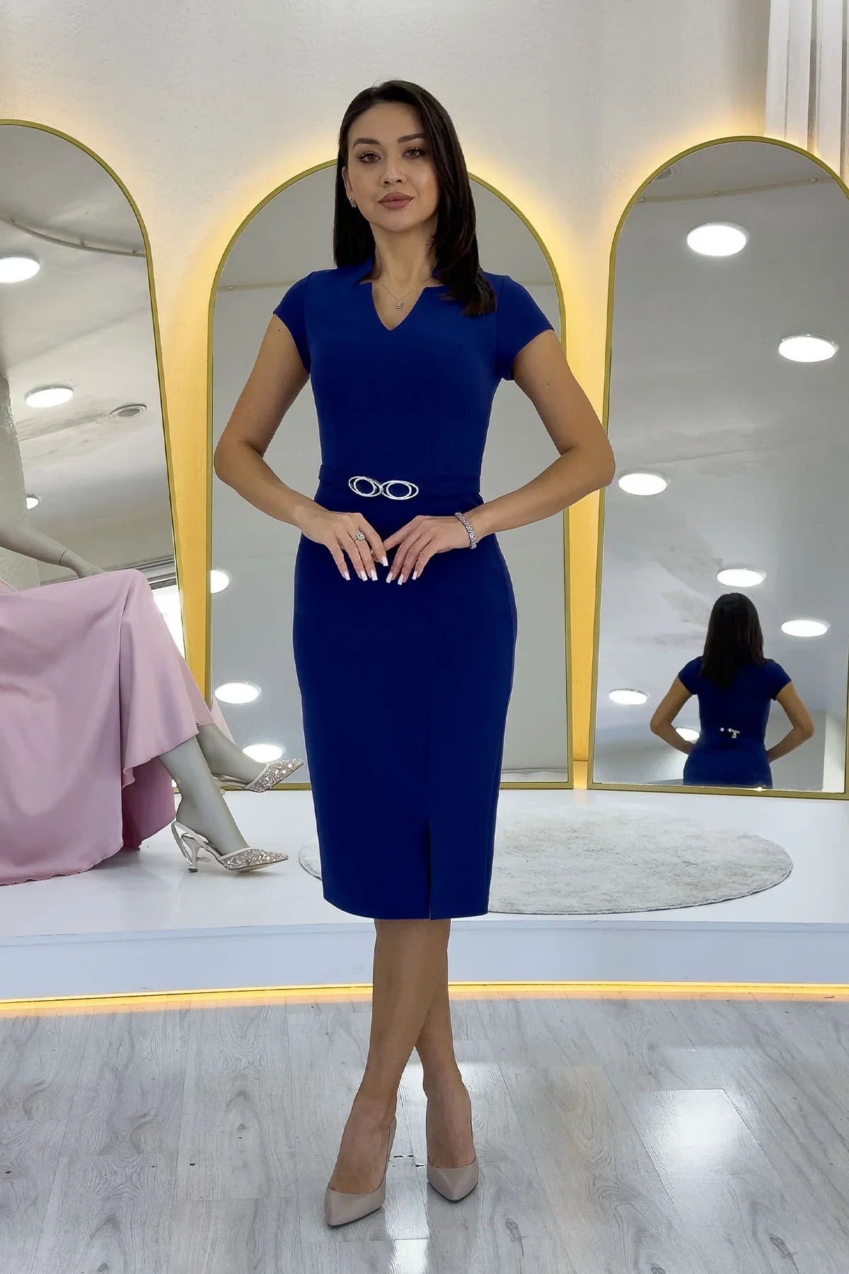 Women's Navy Blue V-Neck Half Sleeve Belted Midi Pencil Dress