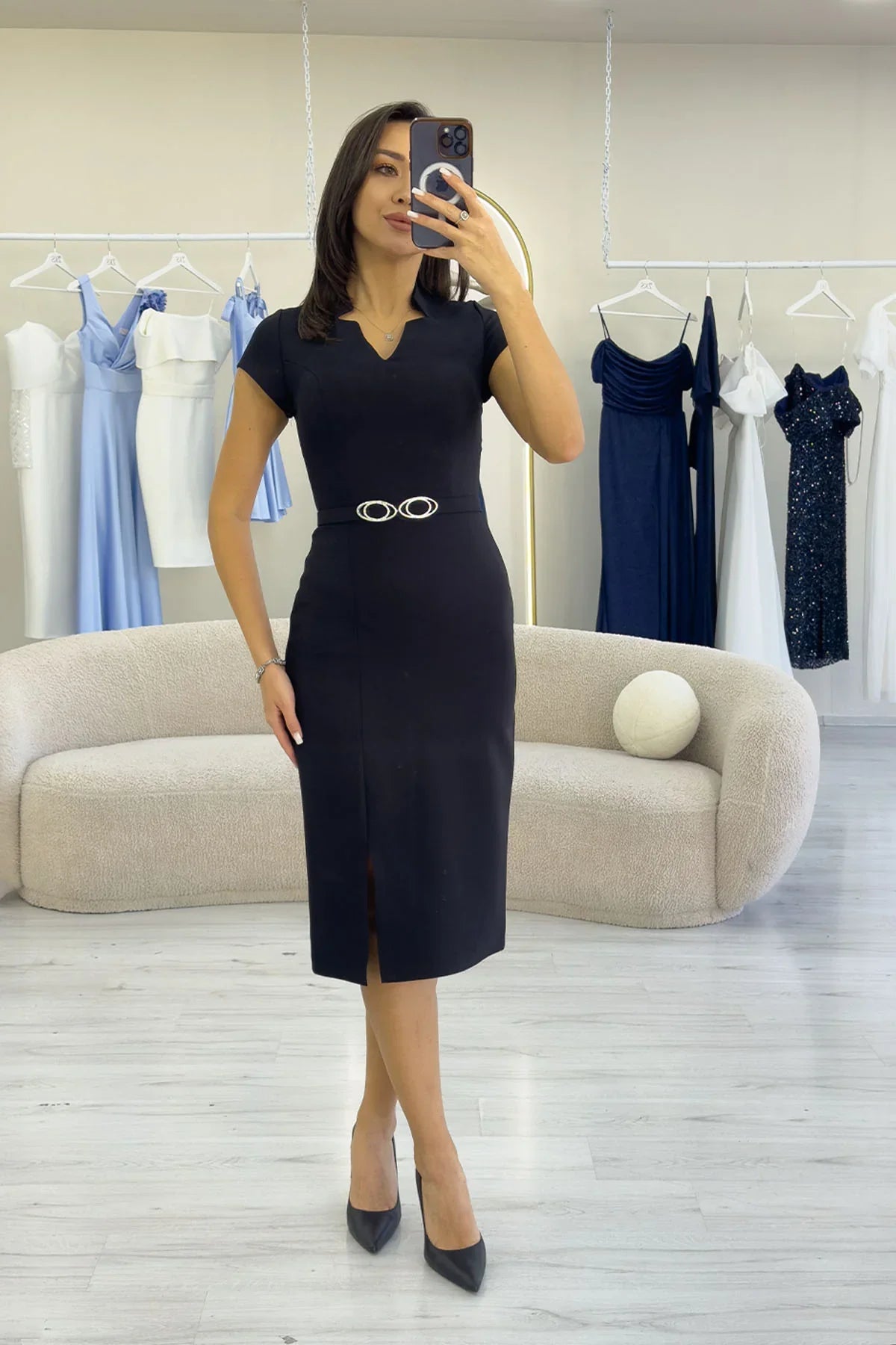 Women's Black V-Neck Half Sleeve Belted Midi Pencil Dress