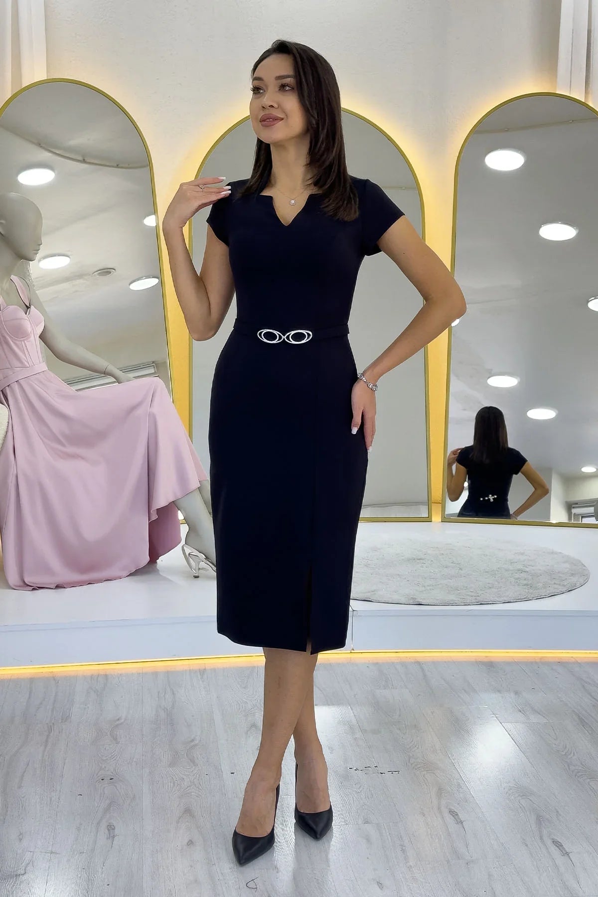 Women's Black V-Neck Half Sleeve Belted Midi Pencil Dress