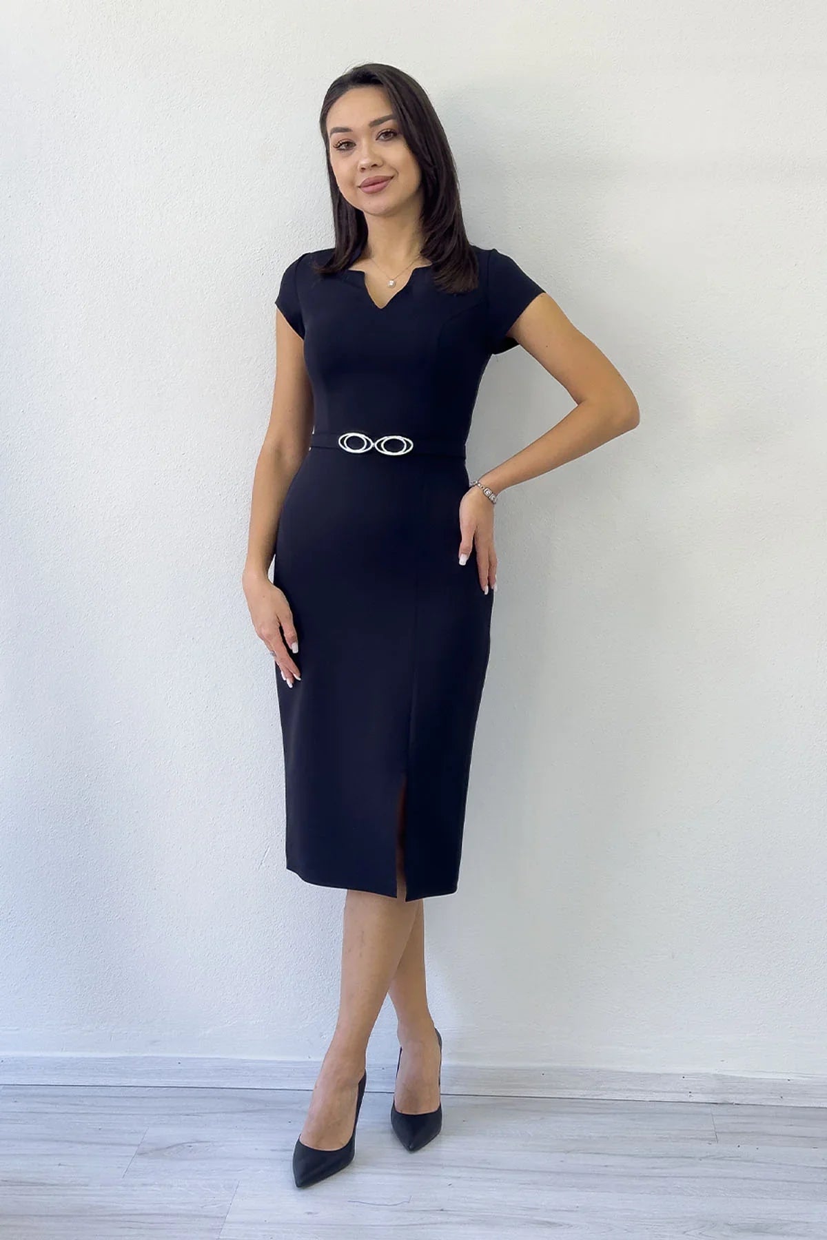 Women's Black V-Neck Half Sleeve Belted Midi Pencil Dress