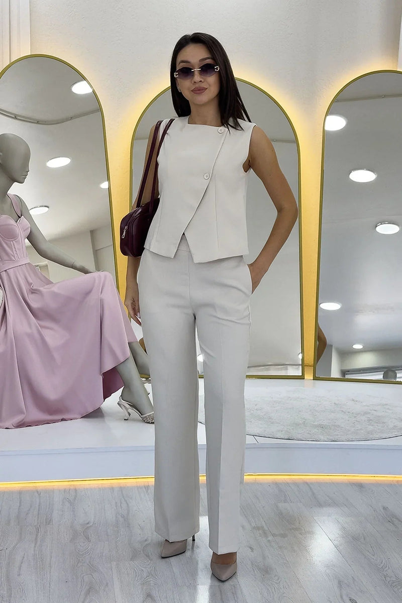 Women's Beige Çapraz Buttoned Vest Pants Two-Piece Set