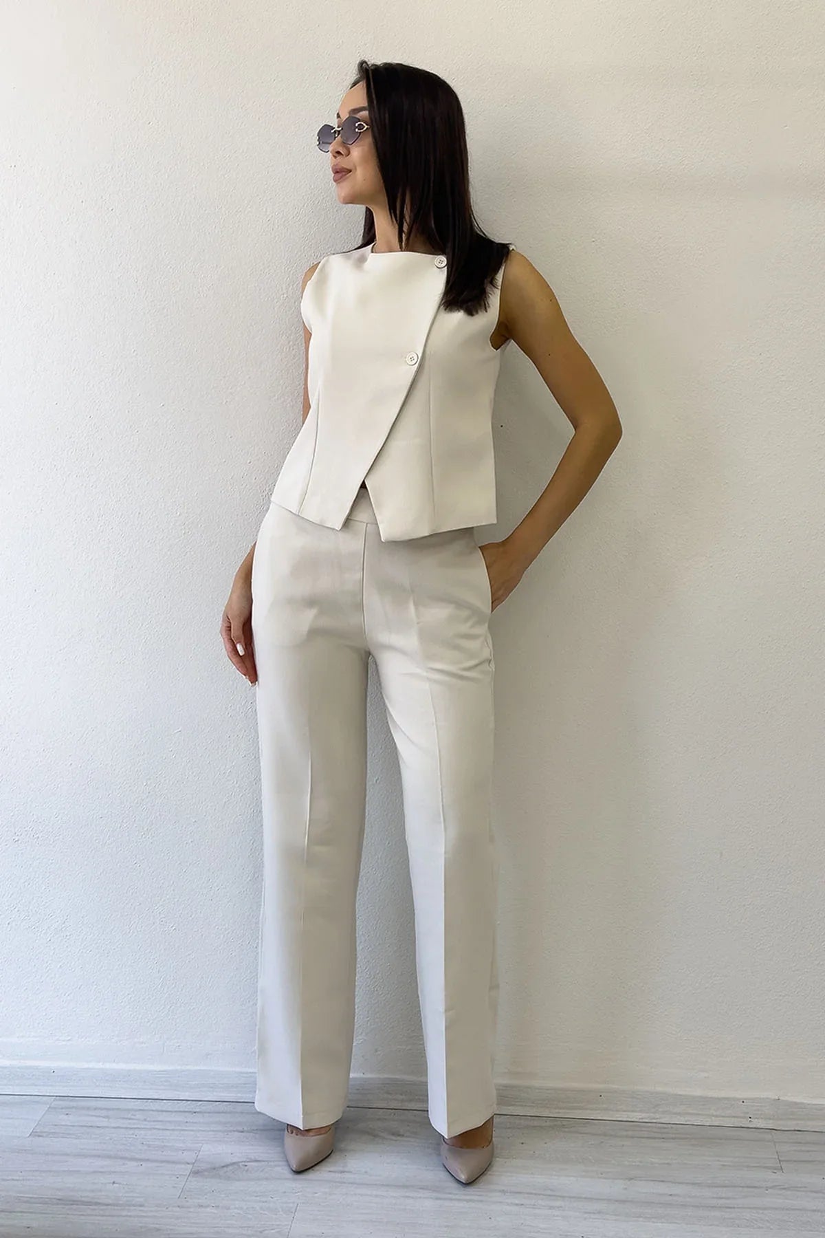 Women's Beige Çapraz Buttoned Vest Pants Two-Piece Set