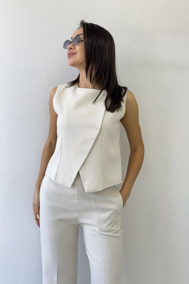 Women's Beige Çapraz Buttoned Vest Pants Two-Piece Set