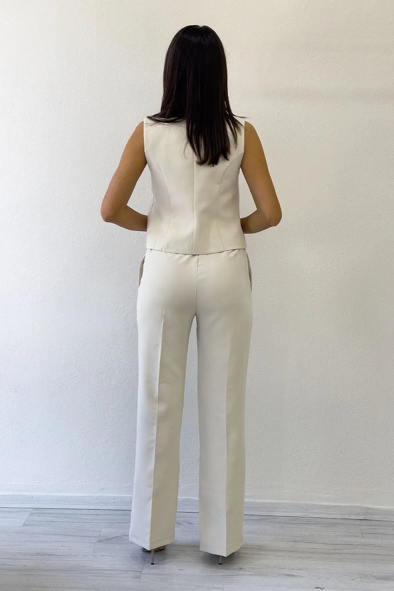 Women's Beige Çapraz Buttoned Vest Pants Two-Piece Set