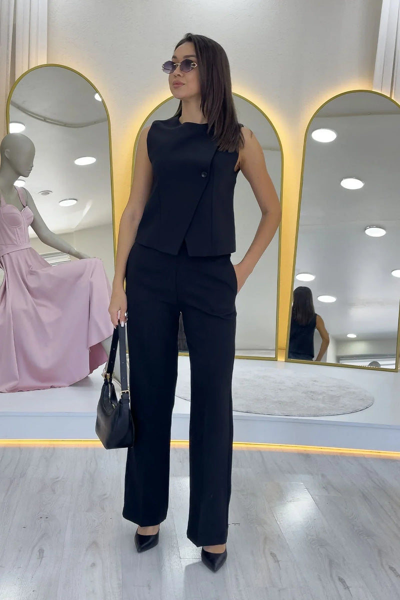 Women's Black Çapraz Buttoned Vest Pants Two-Piece Set
