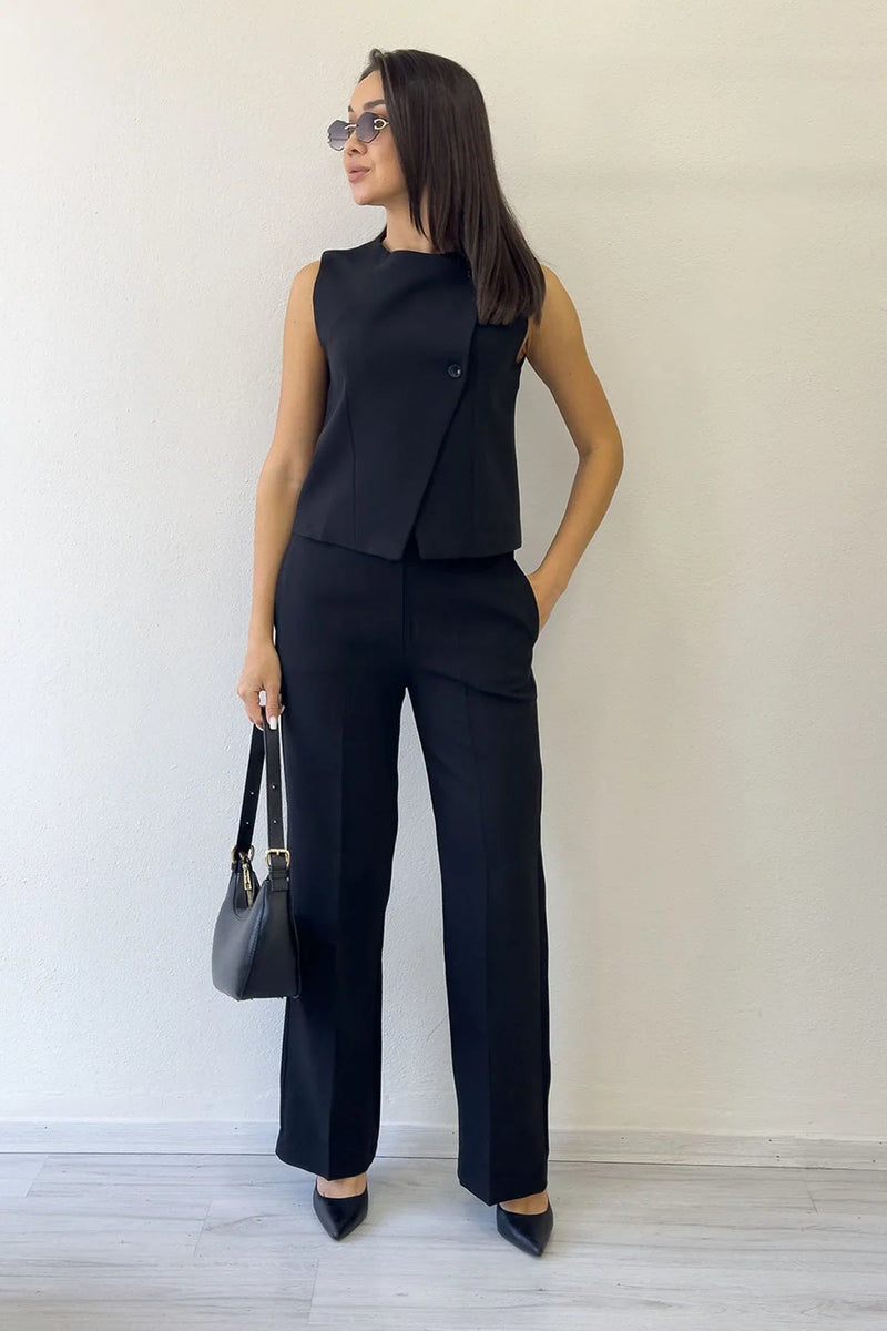 Women's Black Çapraz Buttoned Vest Pants Two-Piece Set
