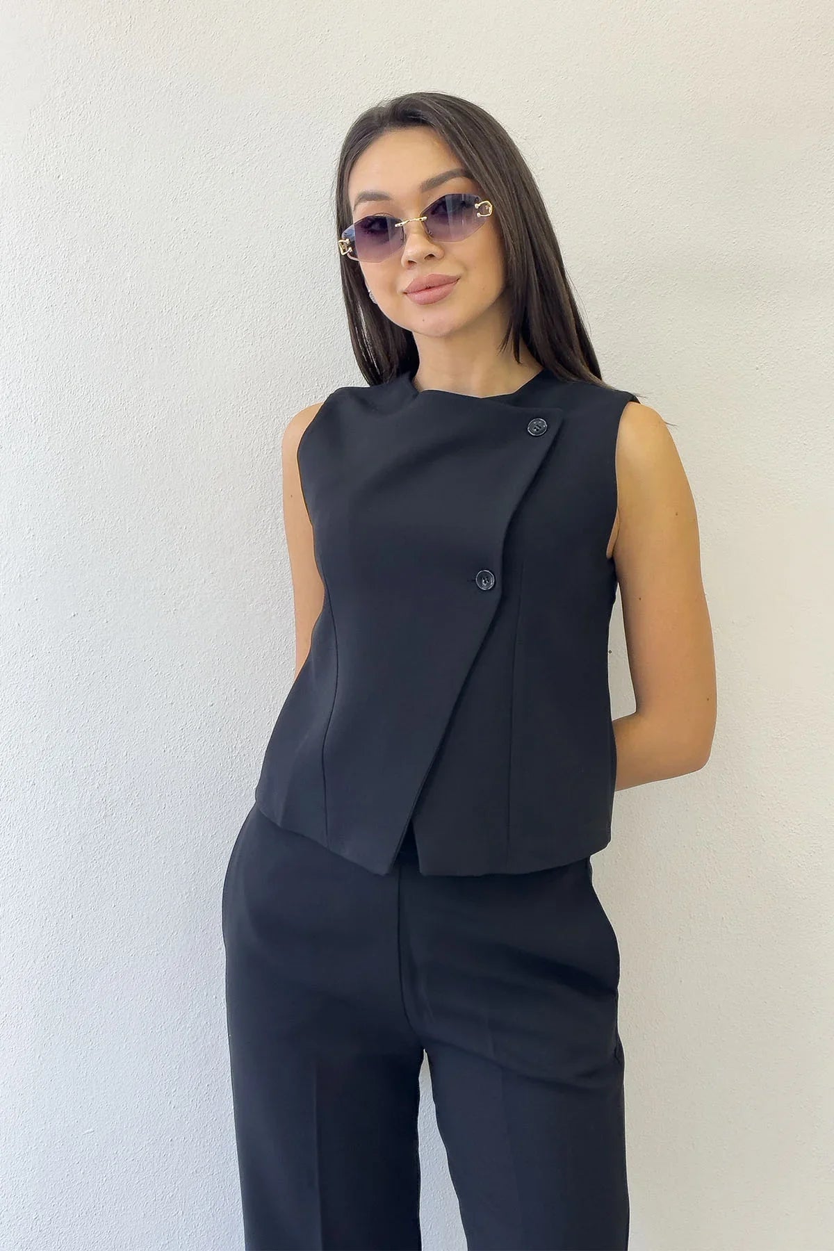 Women's Black Çapraz Buttoned Vest Pants Two-Piece Set