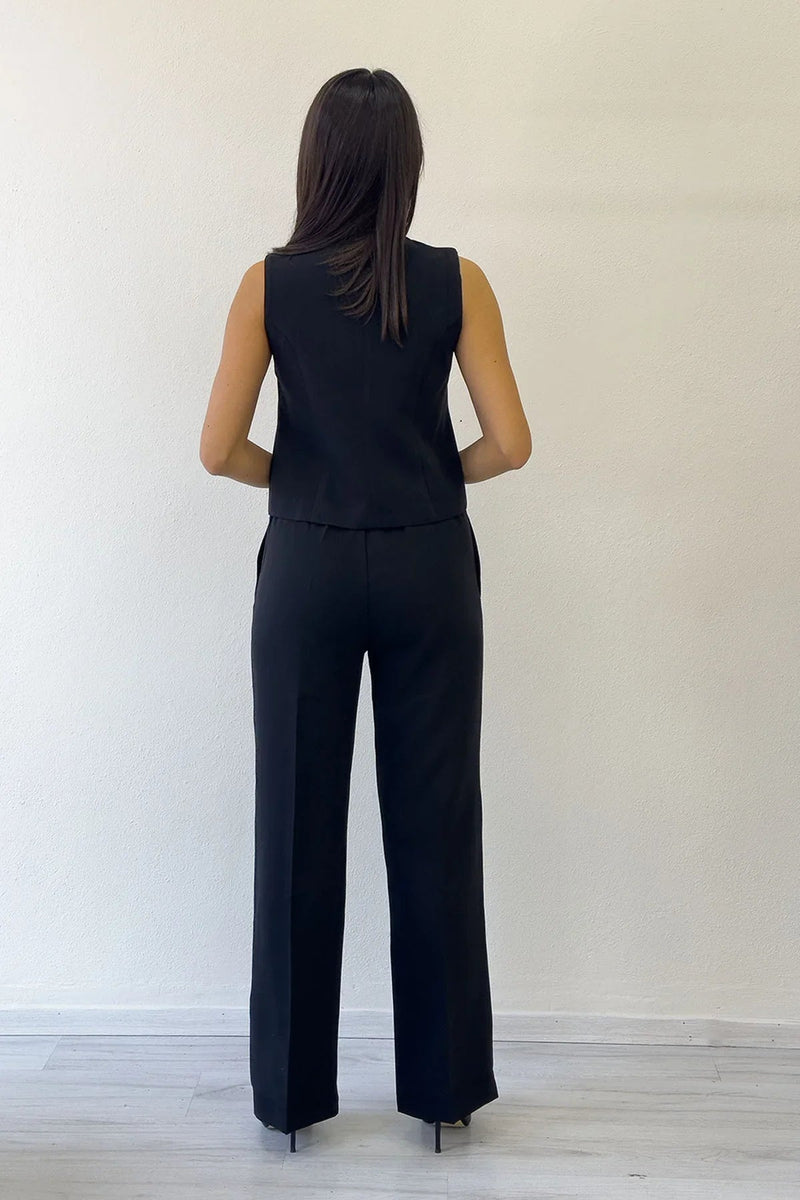 Women's Black Çapraz Buttoned Vest Pants Two-Piece Set