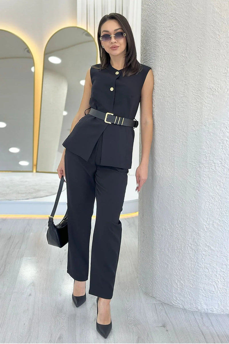 Women's Black Bisiklet Neck Belted İkili Co-ord Set