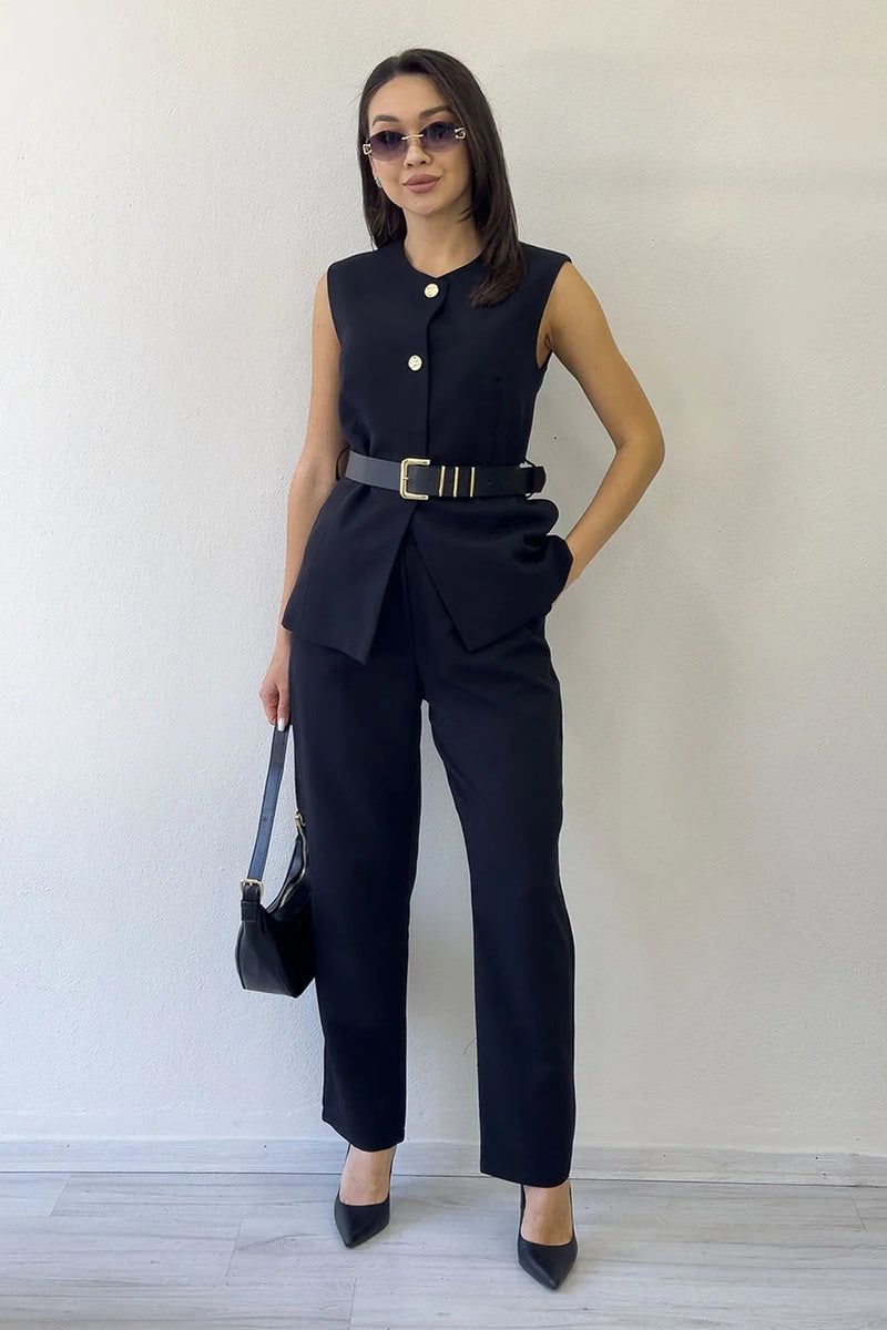 Women's Black Bisiklet Neck Belted İkili Co-ord Set