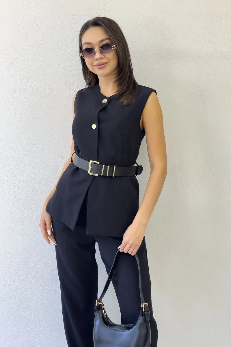 Women's Black Bisiklet Neck Belted İkili Co-ord Set