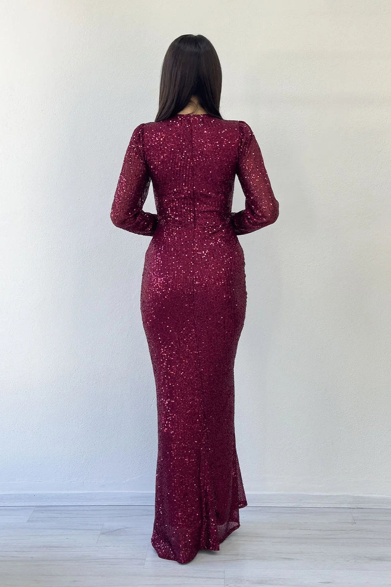 Women's Burgundy Long Sleeve Bisiklet Neck Sequin Draped Evening Gown