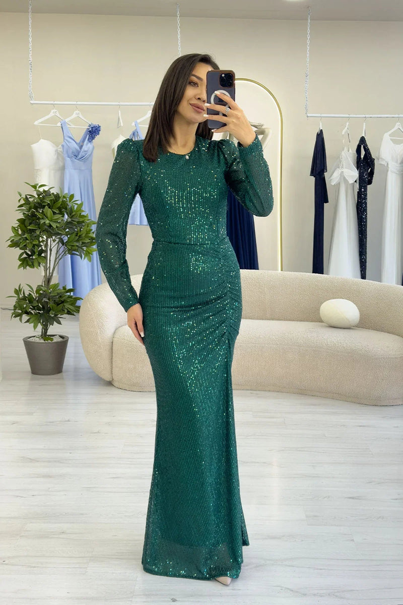 Women's Green Long Sleeve Bisiklet Neck Sequin Draped Evening Gown