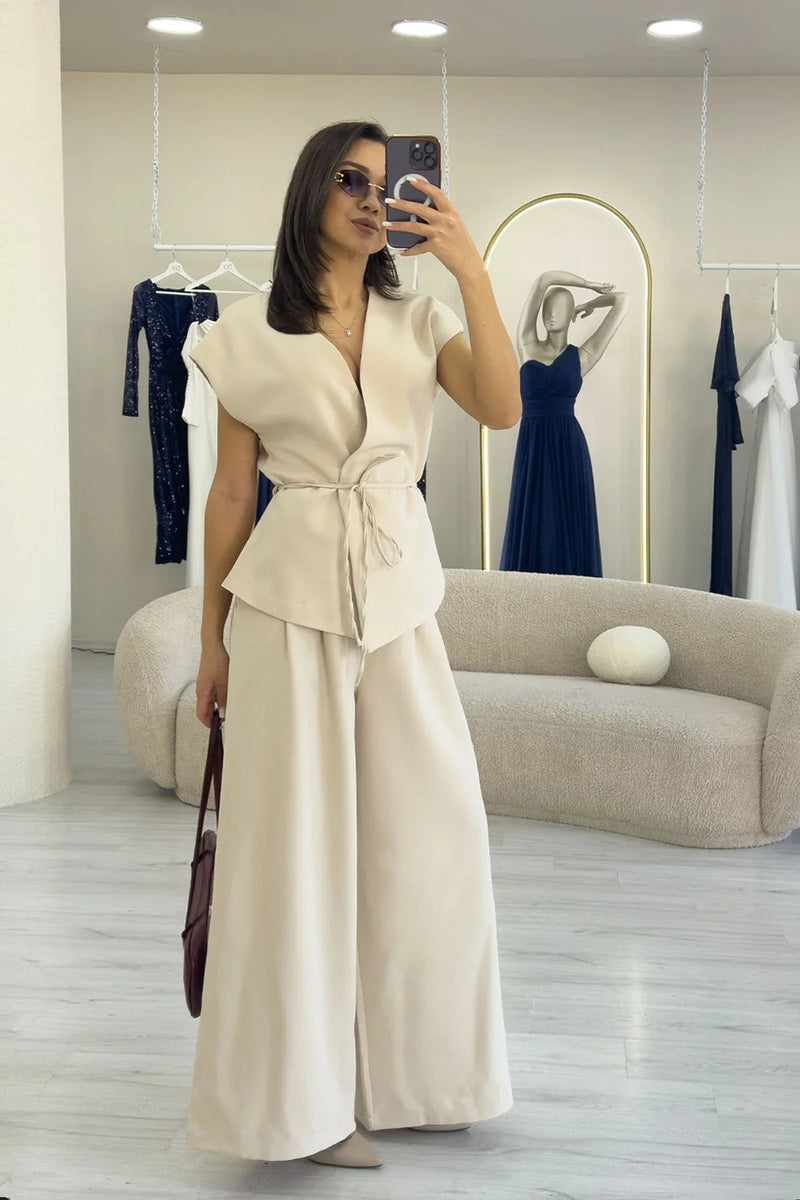 Women's Krem Bol Paça Dökümlü Tie Vest Pants Two-Piece Set