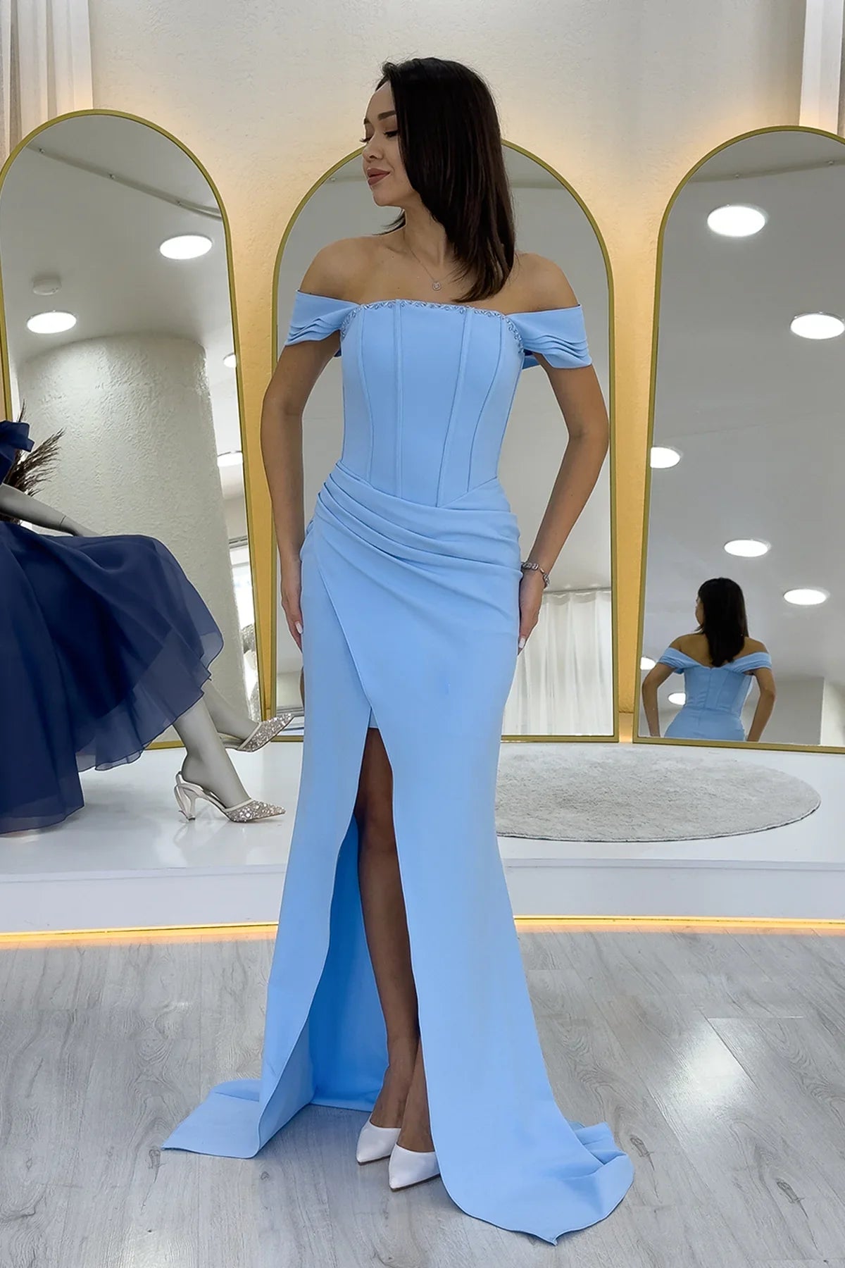 Women's Baby Blue Off-Shoulder Corset Detail Draped Evening Gown