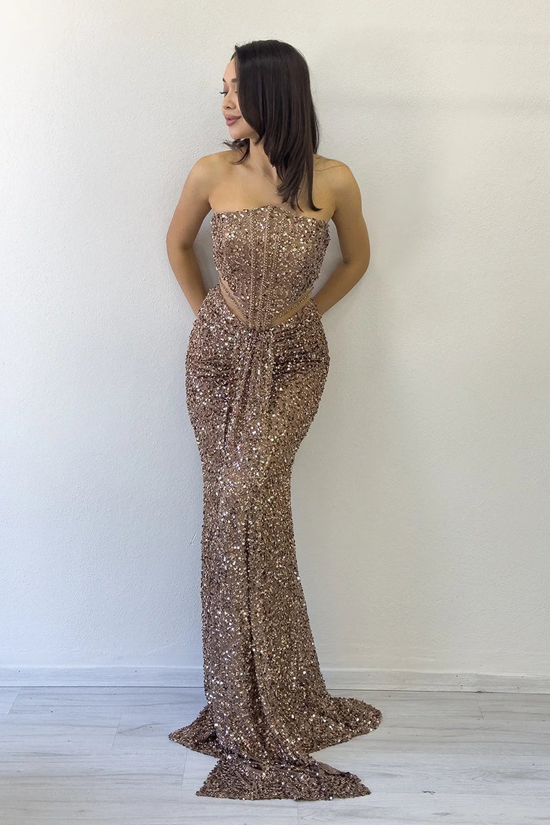 Women's Gold Strapless Bel Decollete Sequin Evening Gown