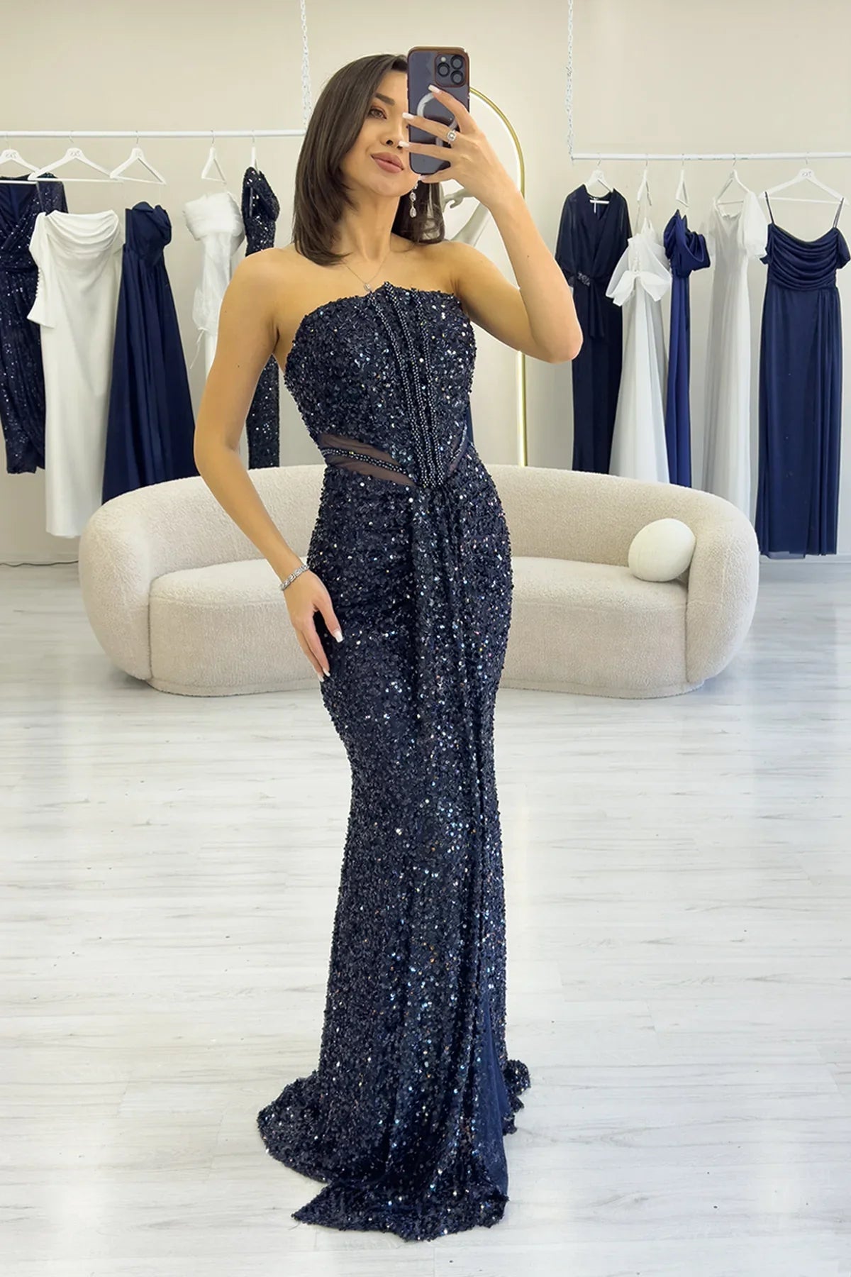 Women's Navy Blue Strapless Bel Decollete Sequin Evening Gown