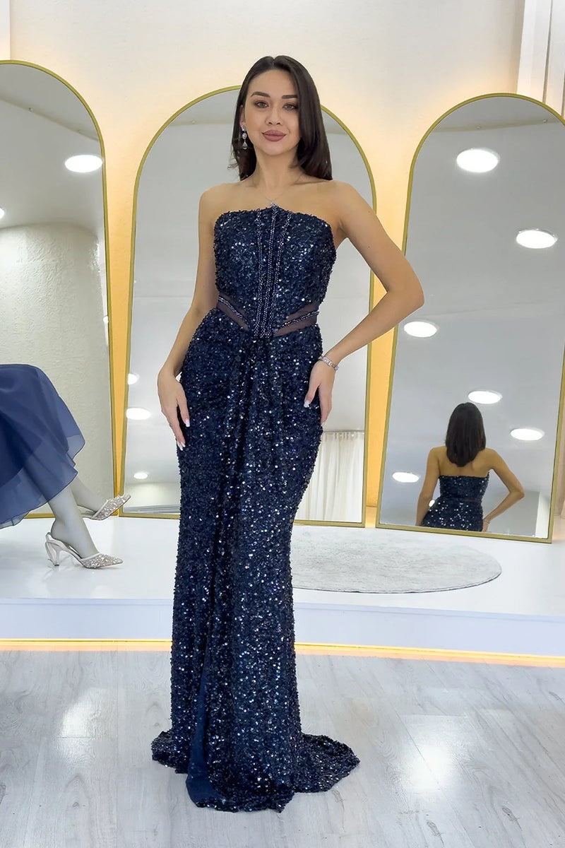 Women's Navy Blue Strapless Bel Decollete Sequin Evening Gown