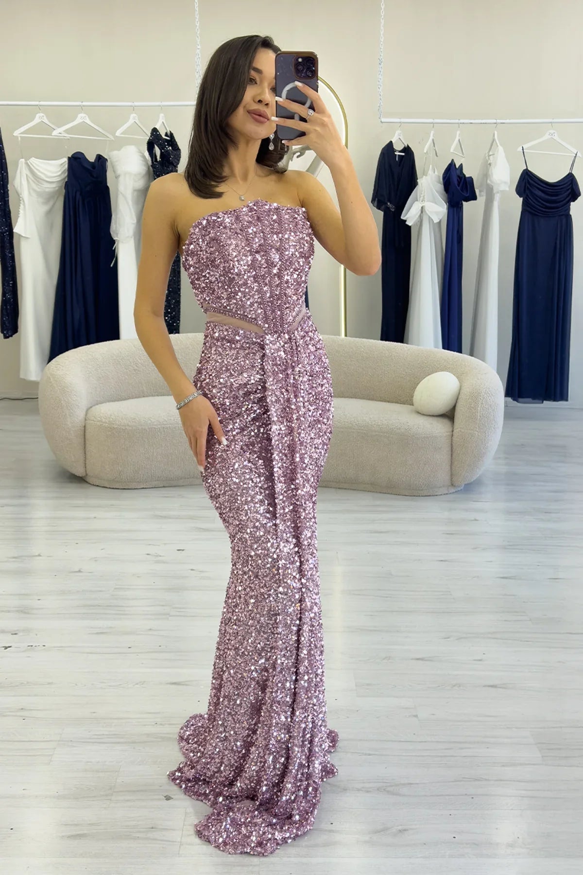 Women's Powder Pink Strapless Bel Decollete Sequin Evening Gown