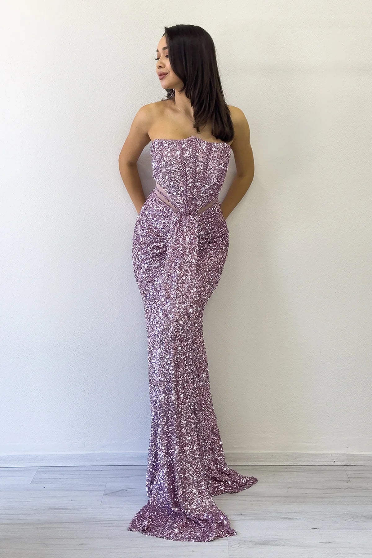 Women's Powder Pink Strapless Bel Decollete Sequin Evening Gown
