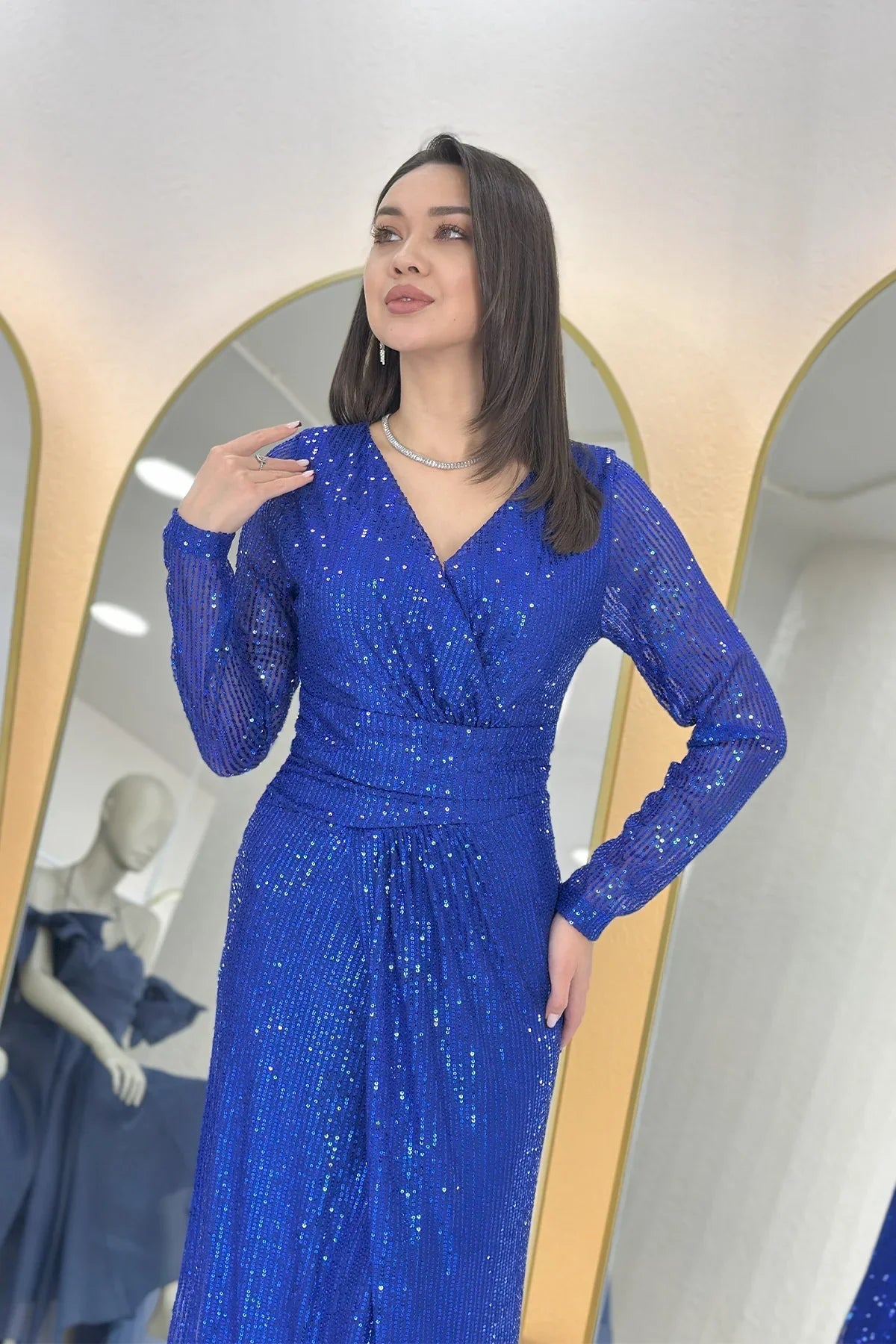 Women's Saxe Blue Wrap Neck Sequin Long Evening Gown