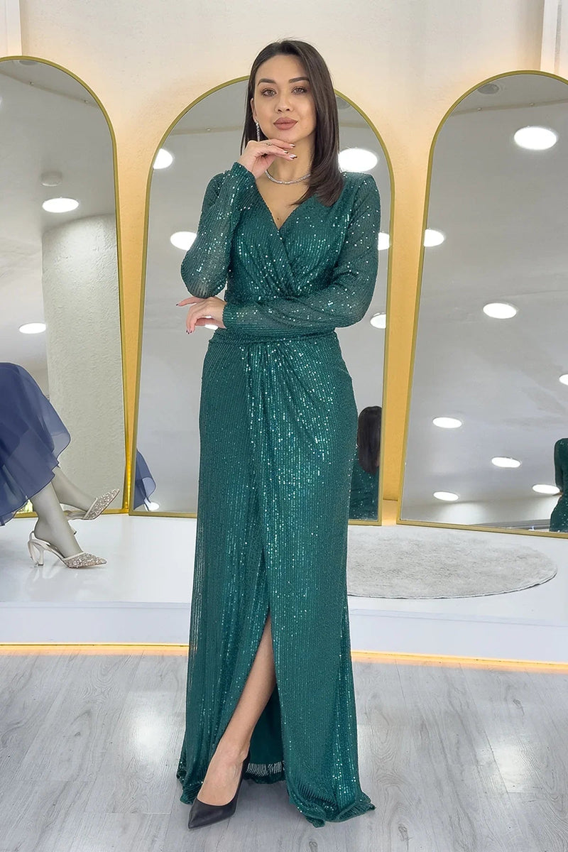 Women's Green Wrap Neck Sequin Long Evening Gown
