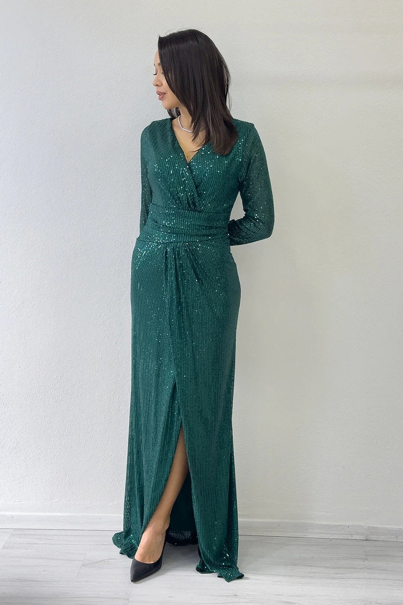 Women's Green Wrap Neck Sequin Long Evening Gown