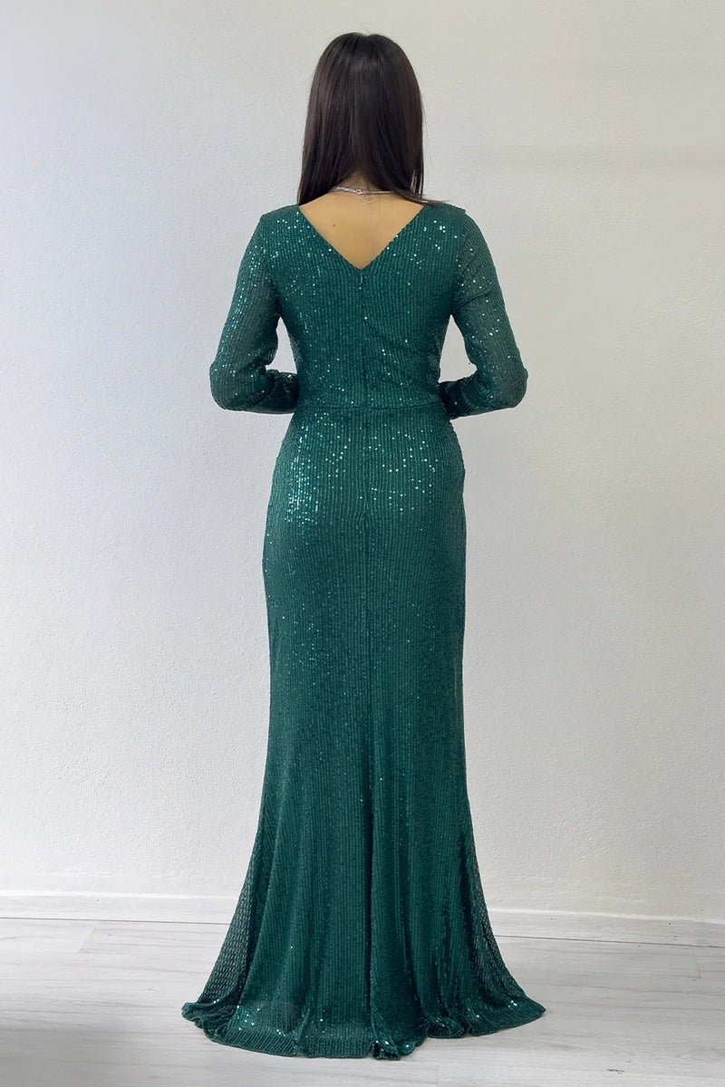 Women's Green Wrap Neck Sequin Long Evening Gown