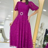 Fuchsia Lace Midi Length Flared Evening Dress