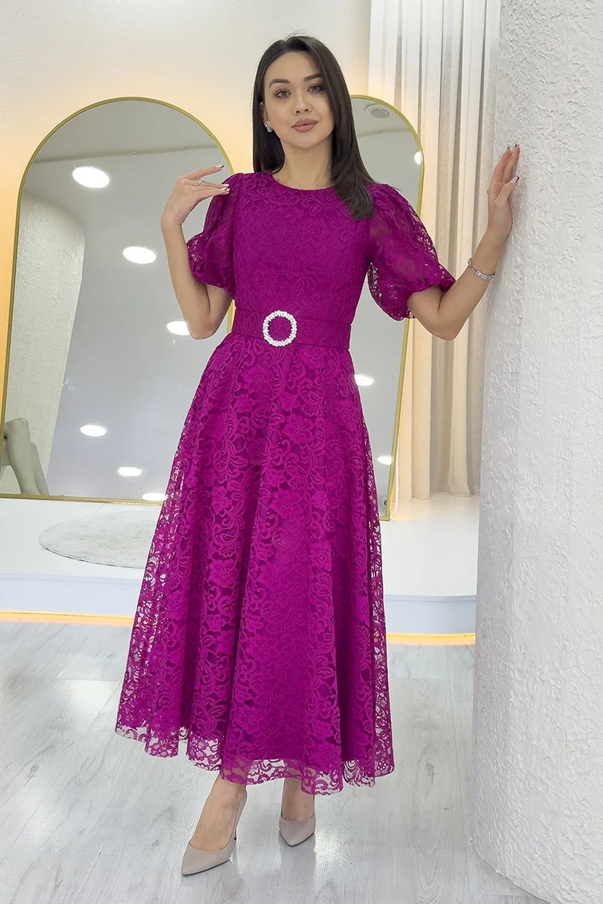 Women's Fuchsia Balloon Sleeve Maxi Belted Lace Dress