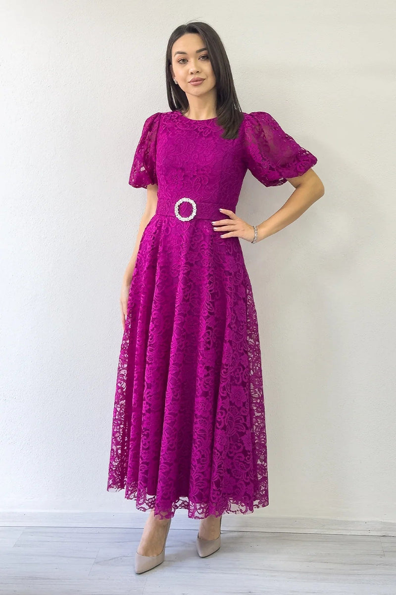 Women's Fuchsia Balloon Sleeve Maxi Belted Lace Dress