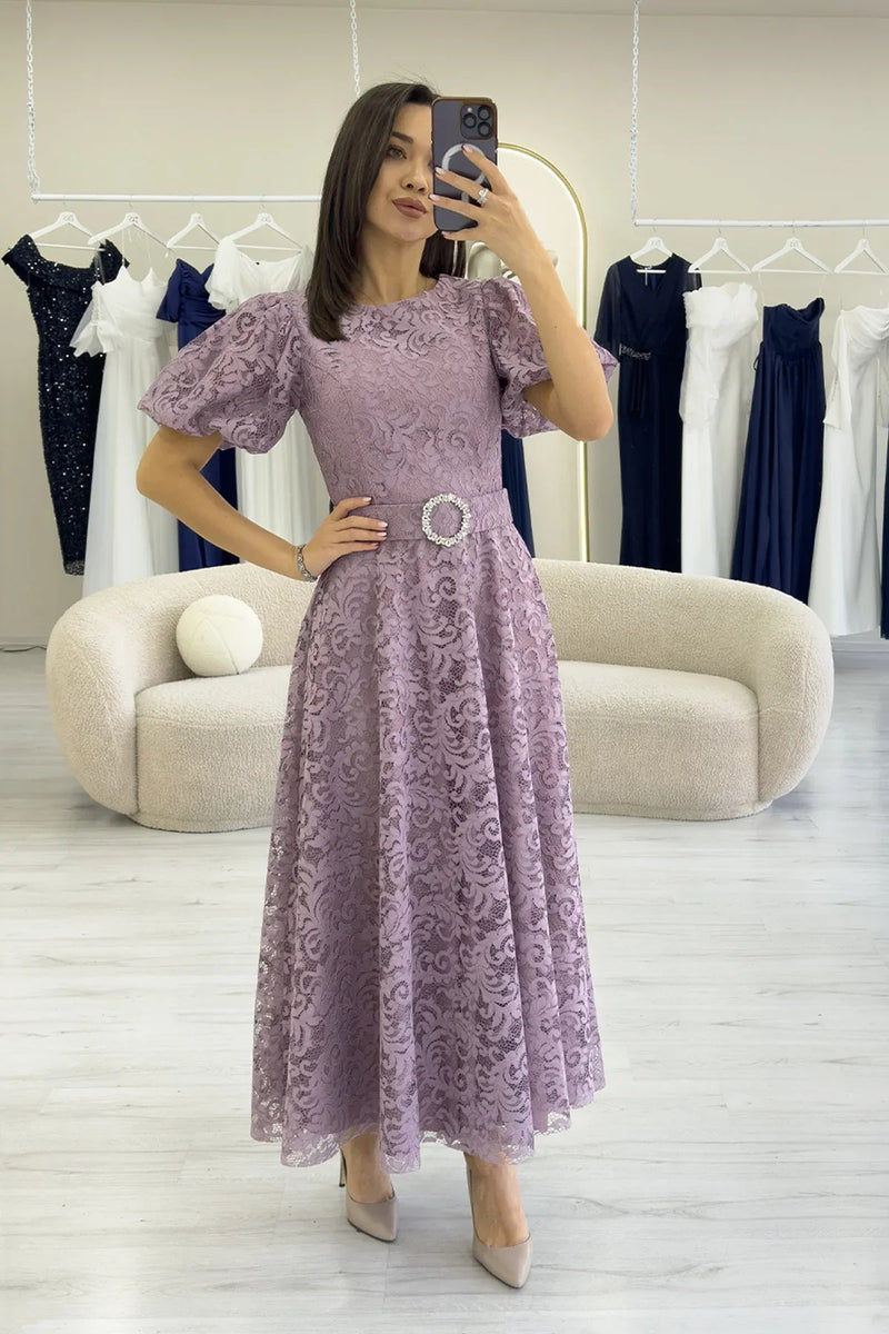 Women's Dusty Rose Balloon Sleeve Maxi Belted Lace Dress