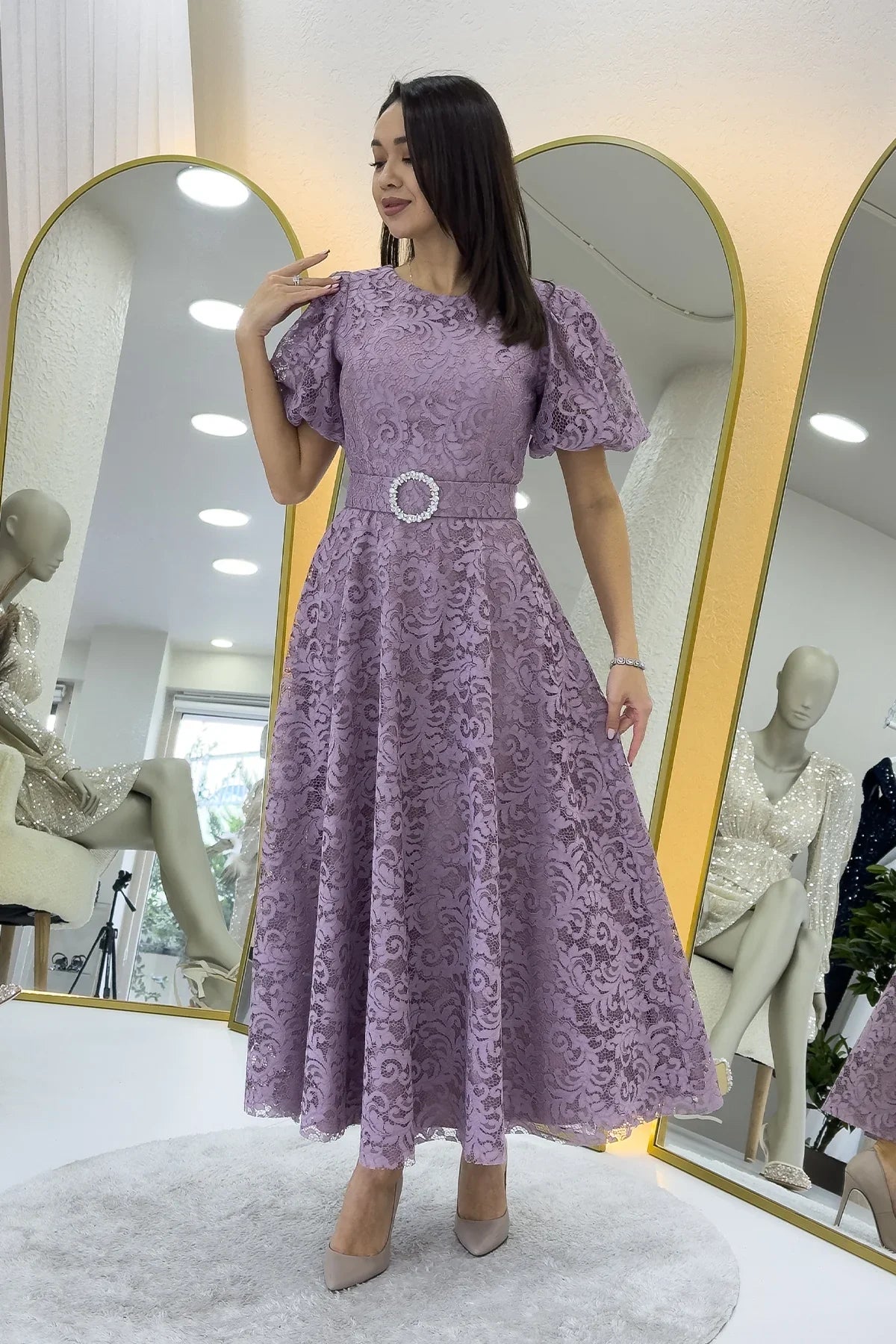 Women's Dusty Rose Balloon Sleeve Maxi Belted Lace Dress