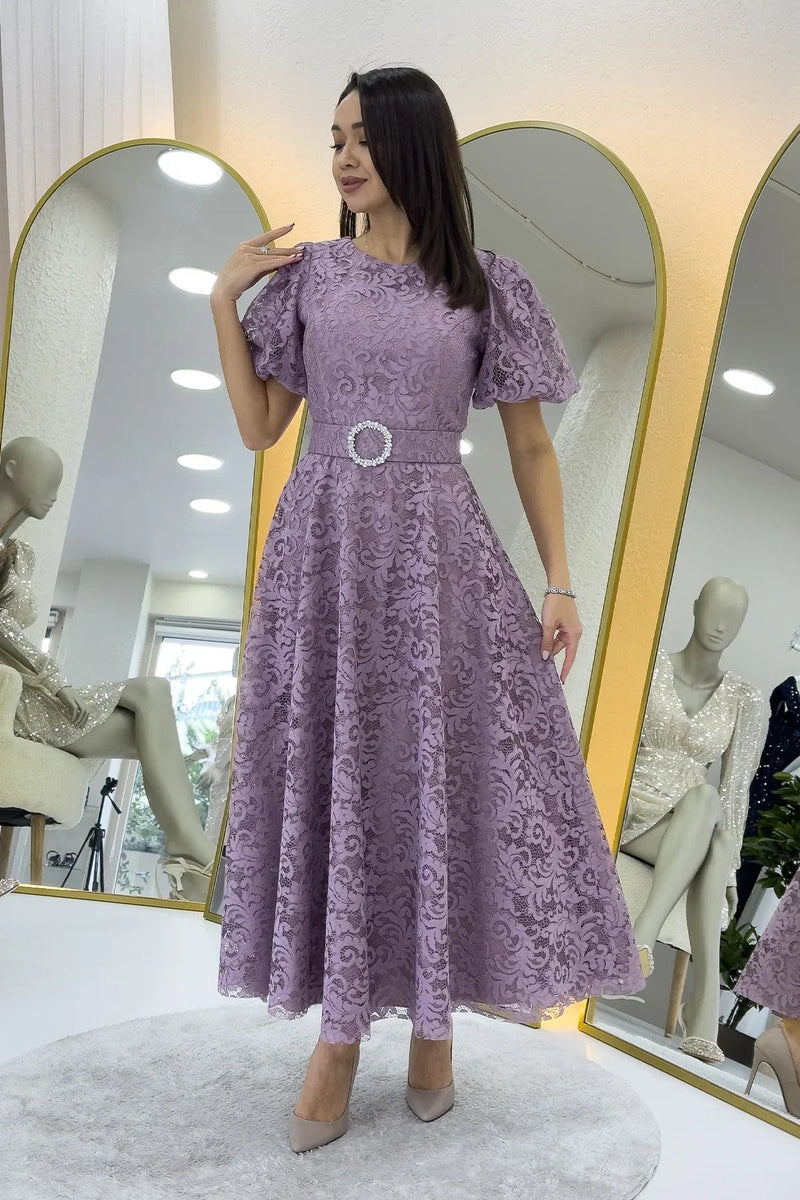 Women's Dusty Rose Balloon Sleeve Maxi Belted Lace Dress