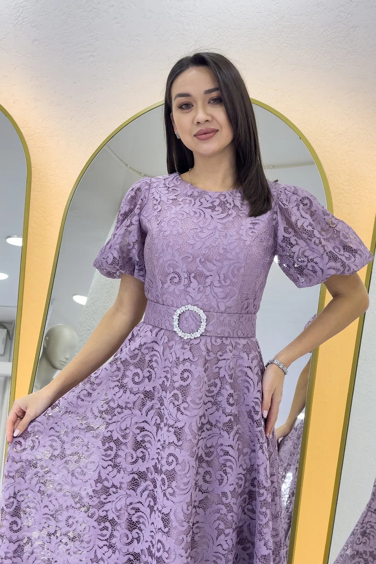 Women's Dusty Rose Balloon Sleeve Maxi Belted Lace Dress