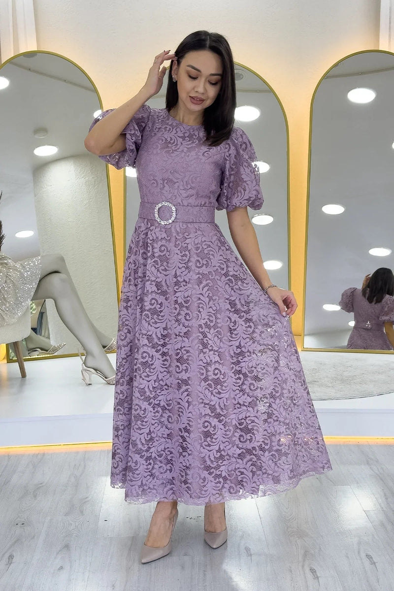 Women's Dusty Rose Balloon Sleeve Maxi Belted Lace Dress