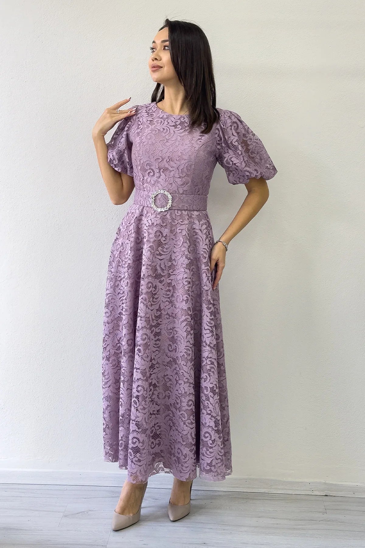 Women's Dusty Rose Balloon Sleeve Maxi Belted Lace Dress