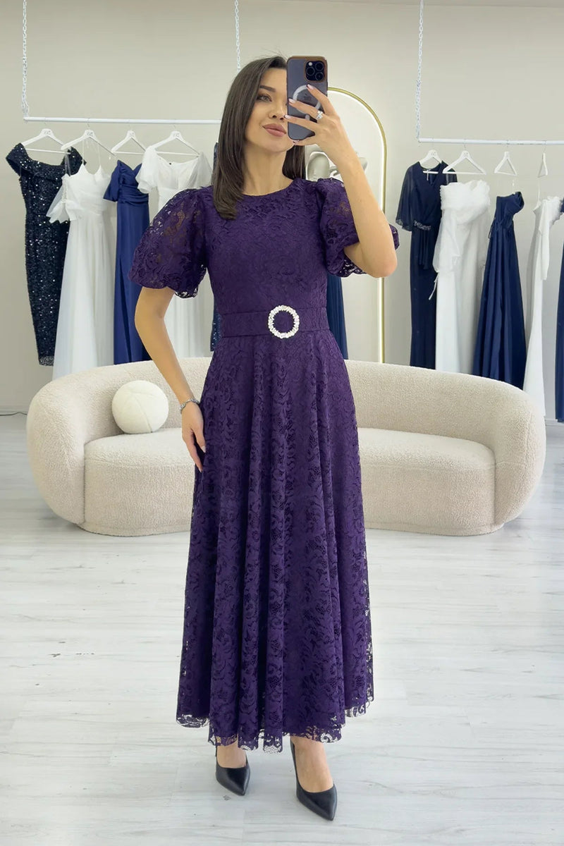 Women's Purple Balloon Sleeve Maxi Belted Lace Dress