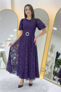 Purple Lace Midi Length Flared Evening Dress
