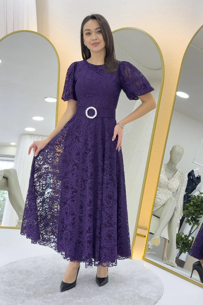 Women's Purple Balloon Sleeve Maxi Belted Lace Dress