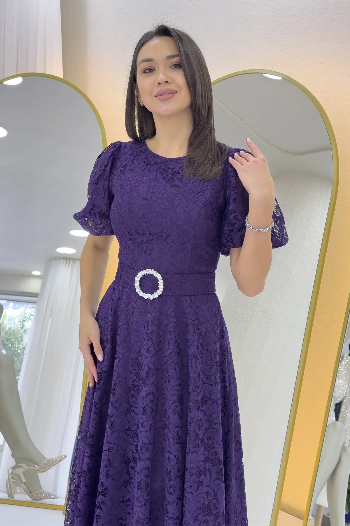 Women's Purple Balloon Sleeve Maxi Belted Lace Dress