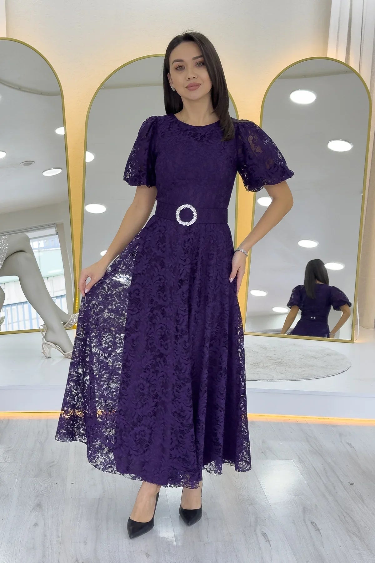 Women's Purple Balloon Sleeve Maxi Belted Lace Dress