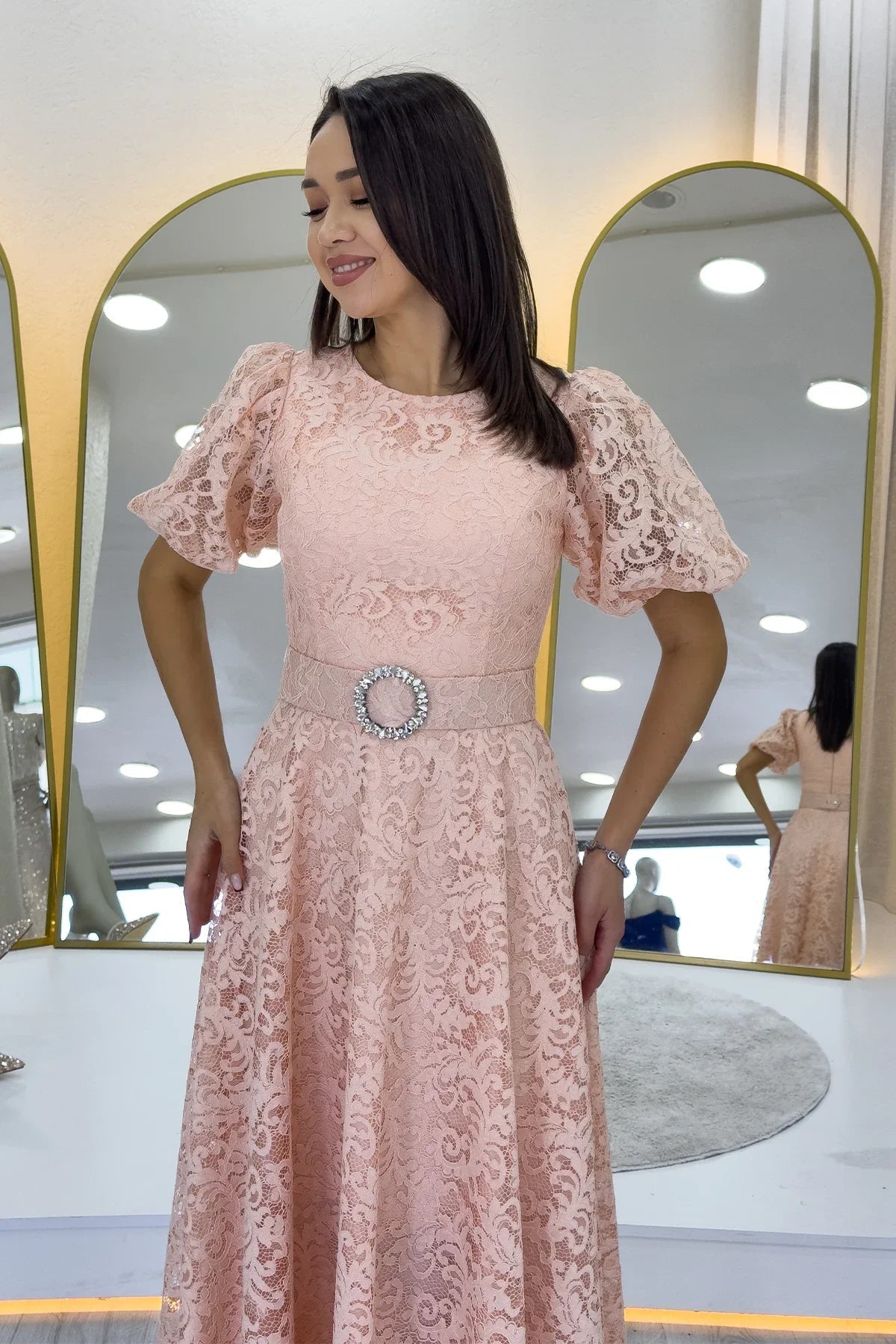 Women's Powder Pink Balloon Sleeve Maxi Belted Lace Dress
