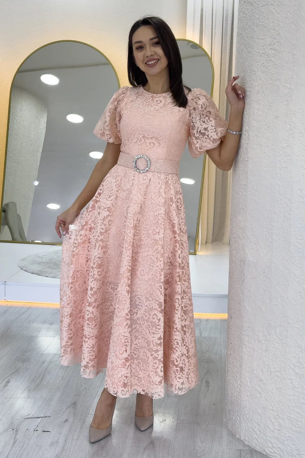 Women's Powder Pink Balloon Sleeve Maxi Belted Lace Dress