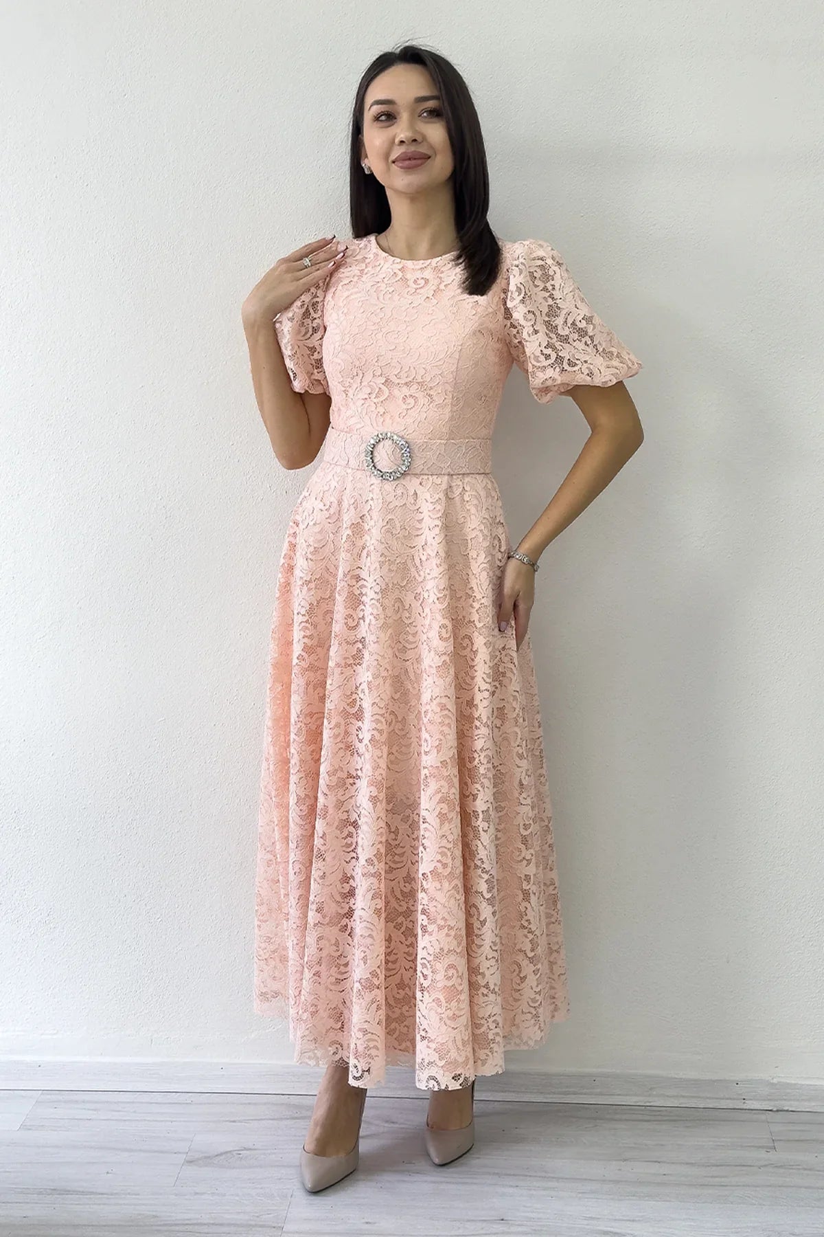 Women's Powder Pink Balloon Sleeve Maxi Belted Lace Dress