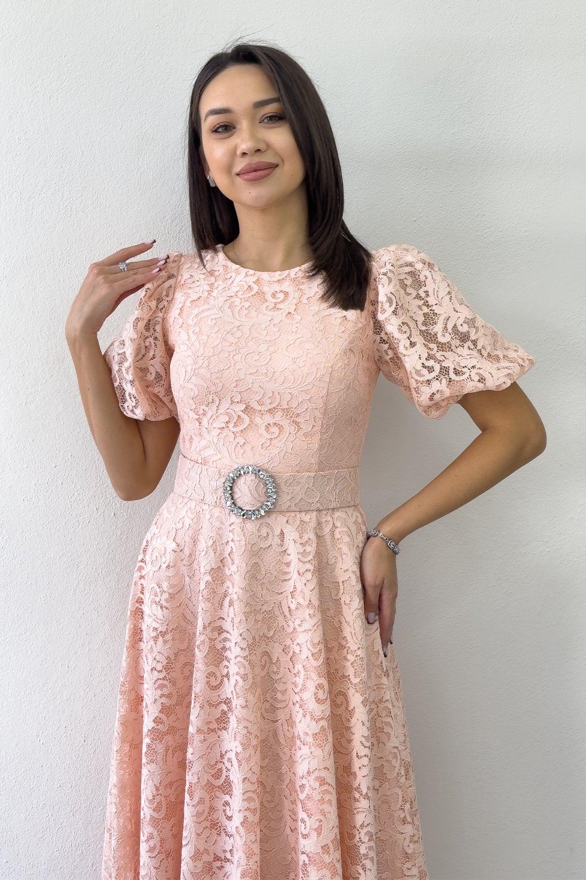 Women's Powder Pink Balloon Sleeve Maxi Belted Lace Dress