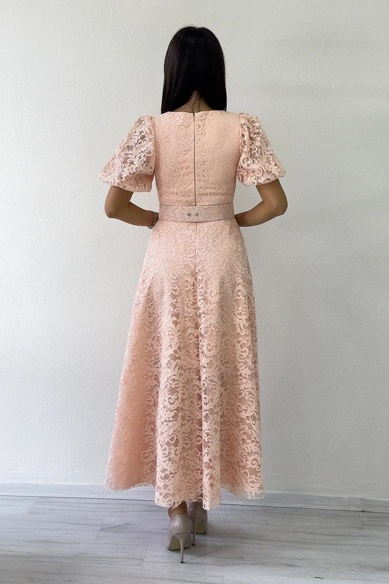 Women's Powder Pink Balloon Sleeve Maxi Belted Lace Dress