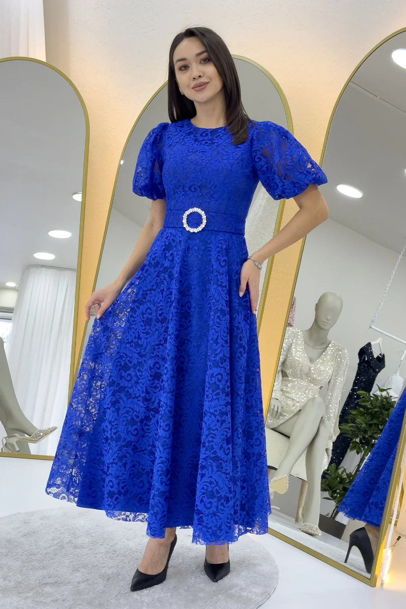 Women's Saxe Balloon Sleeve Maxi Belted Lace Dress