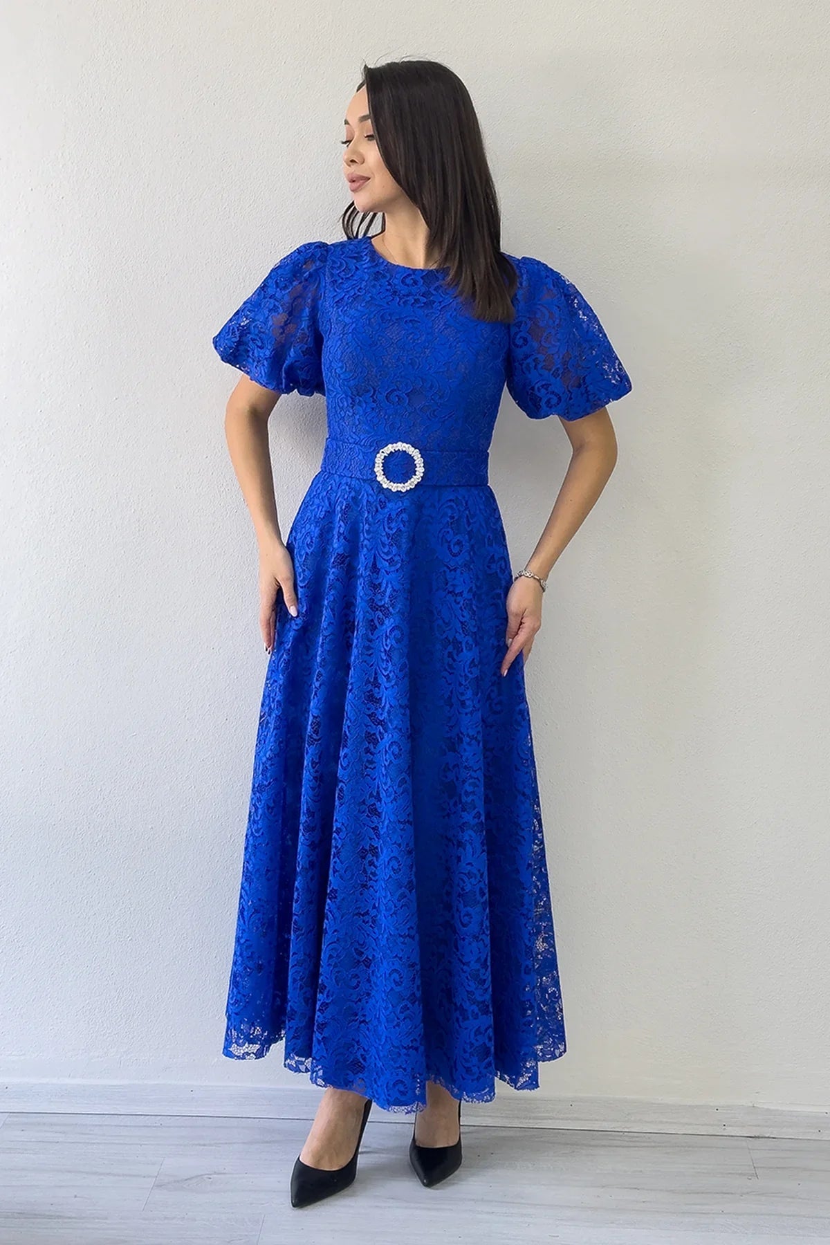 Women's Saxe Balloon Sleeve Maxi Belted Lace Dress